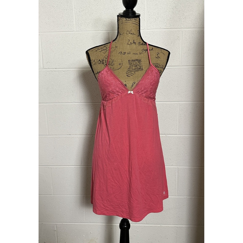 VTG Victoria's Secret Lingerie Small Pink Lace Halter Babydoll Slip Y2K Coquette - Picture 1 of 14